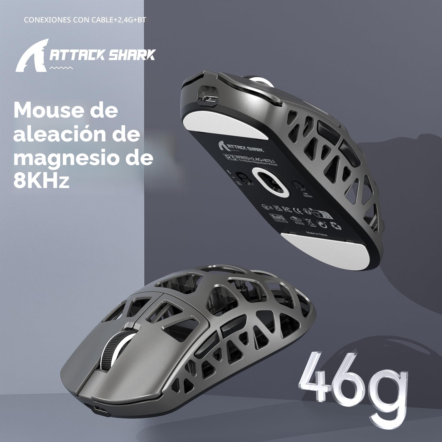ATTACK SHARK Ratón R3 de Aleación de Magnesio, Inalámbrico 8K, Superligero 46g, Sensor PAW3395, BT/2.4G/Cable, DPI 26000, Para Juegos