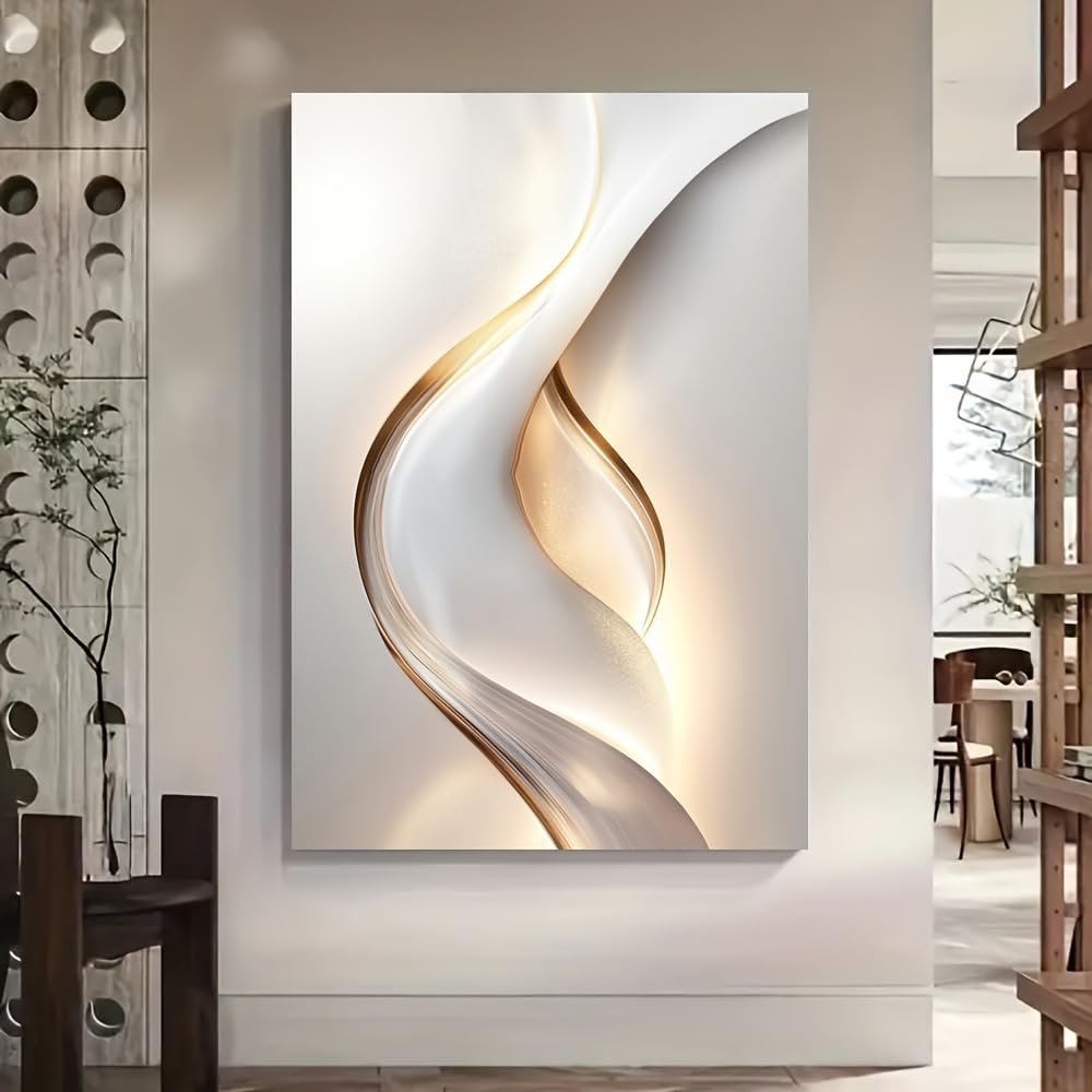 Uudezo With Frame Modern Abstract Geometric Canvas Wall Art White And Golden Framed Vertical Wall Decor For Living Room Decor(50X75cm(20X30inch)