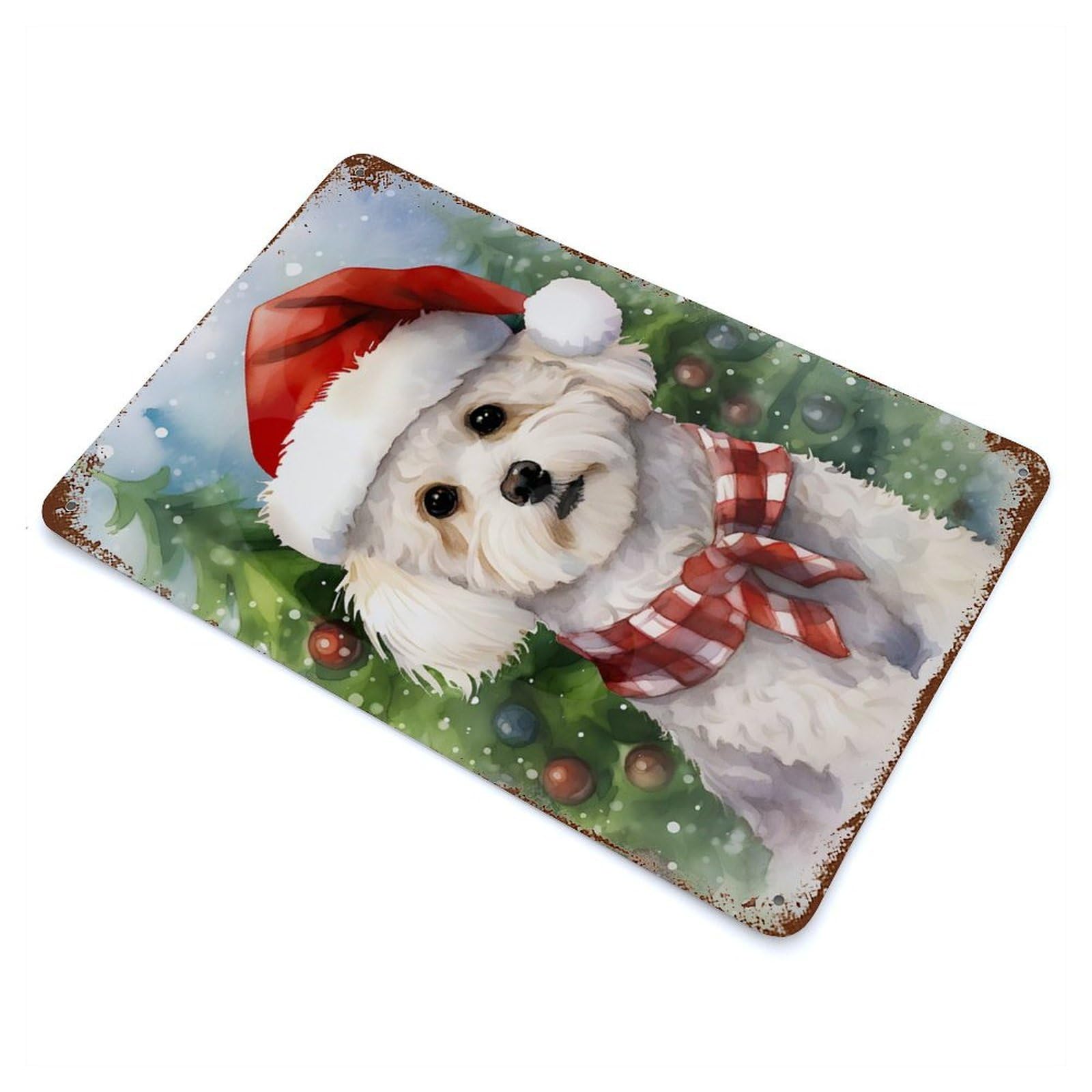 Bichon Frise Christmas Pai Vintage Wall Sign 11.8"x7.9", Rust Effect Metal Decor for Patio, Garden Room And Bar Decor