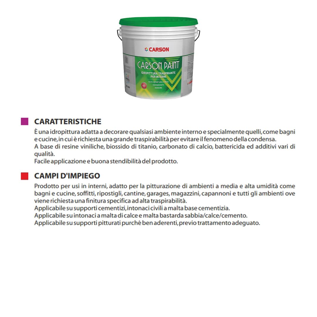 CARSON Colorificio Paint Idro Pittura Traspirante Super Coprente Per Interni All'Acqua Bianca (14 LT)