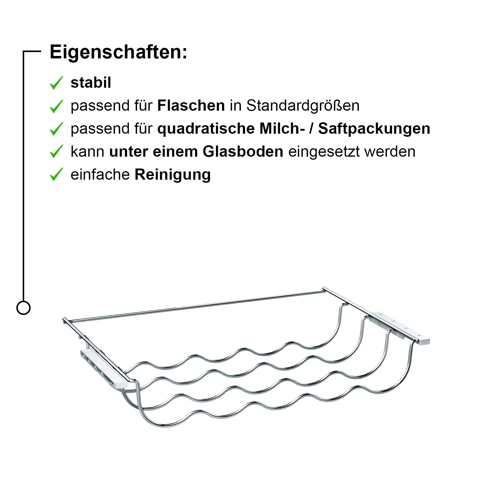 Siemens KS10Z020, Flaschenablage für aufgelistete EINBAU-Kühlgeräte von Siemens, bis zu 5 Flaschen, 28,7 × 47,8 × 7,7 cm (L × B × H), lebensmittelecht, chrom