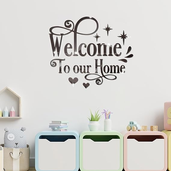 Welcome to Our Home Wall Decor Sticker, Home Acrylic 3D Mirror Wall Decal, Removable Art Letter Sign, Wall Door Quote Decoration DIY for Living Room Bedroom Sofa TV Background (Black)