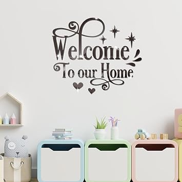 Welcome to Our Home Wall Decor Sticker, Home Acrylic 3D Mirror Wall Decal, Removable Art Letter Sign, Wall Door Quote Decoration DIY for Living Room Bedroom Sofa TV Background (Black)