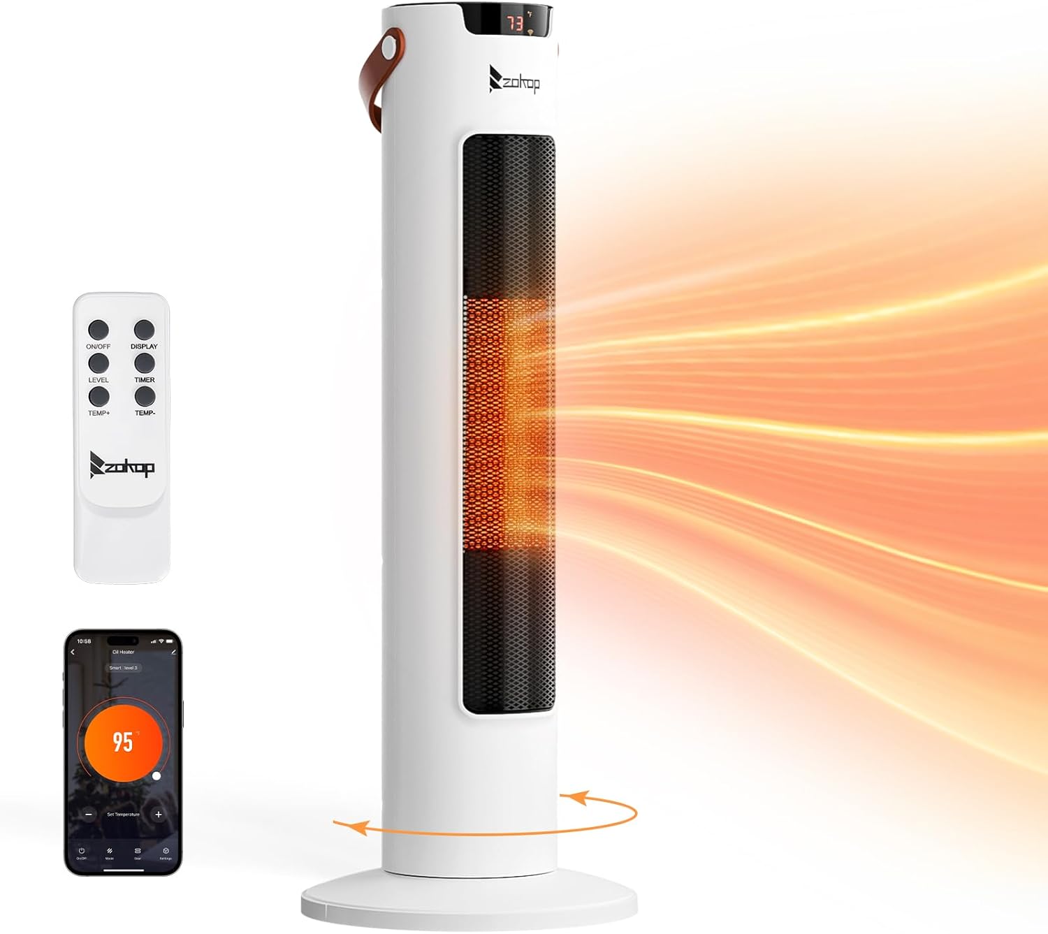 1500W Electric Space Heater with Remote & APP Control, 24" Tower Heater with Oscillating, Timer, Adjustable Thermostat, Tip-over & Overheat Protection for Indoor Bedroom Living Room Office