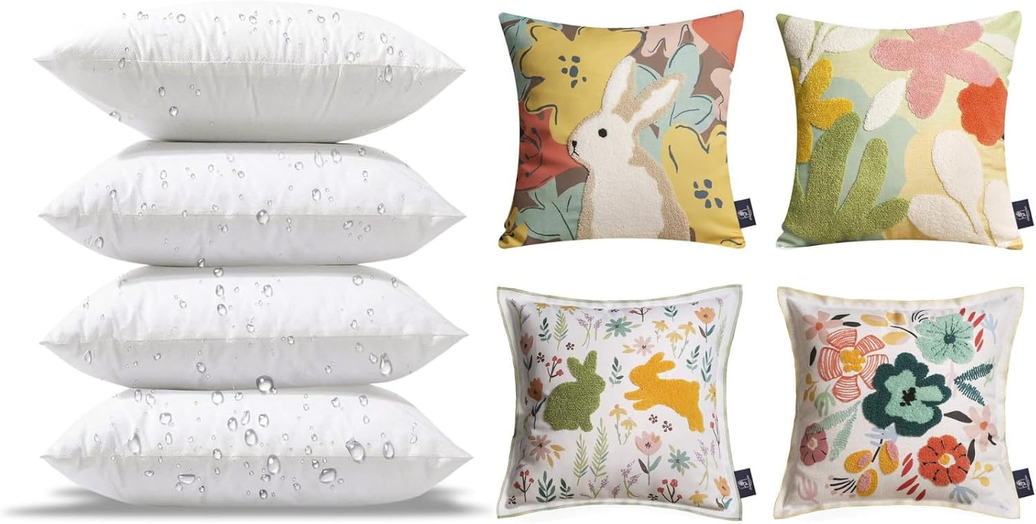 Phantoscope Bundle - Outdoor Pillow Inserts (Pack of 4) & Easter Throw Pillow Case Cushion Cover Colorful Flower and Rabbits Throw Pillow Covers(Pack of 4), Couch Sham Cushion Stuffer, 18 X 18 inches