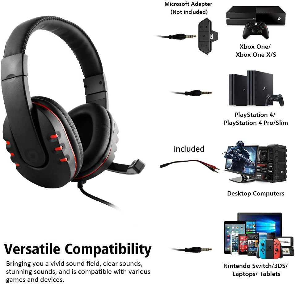 JAMSWALL Stereo Gaming Headset for Xbox one PS4-3.5mm Wired Over-Head Stereo Gaming Headset Headphone with Mic Microphone, Volume Control for PS4 PC Tablet Laptop Smartphone Xbox One (Black with red)
