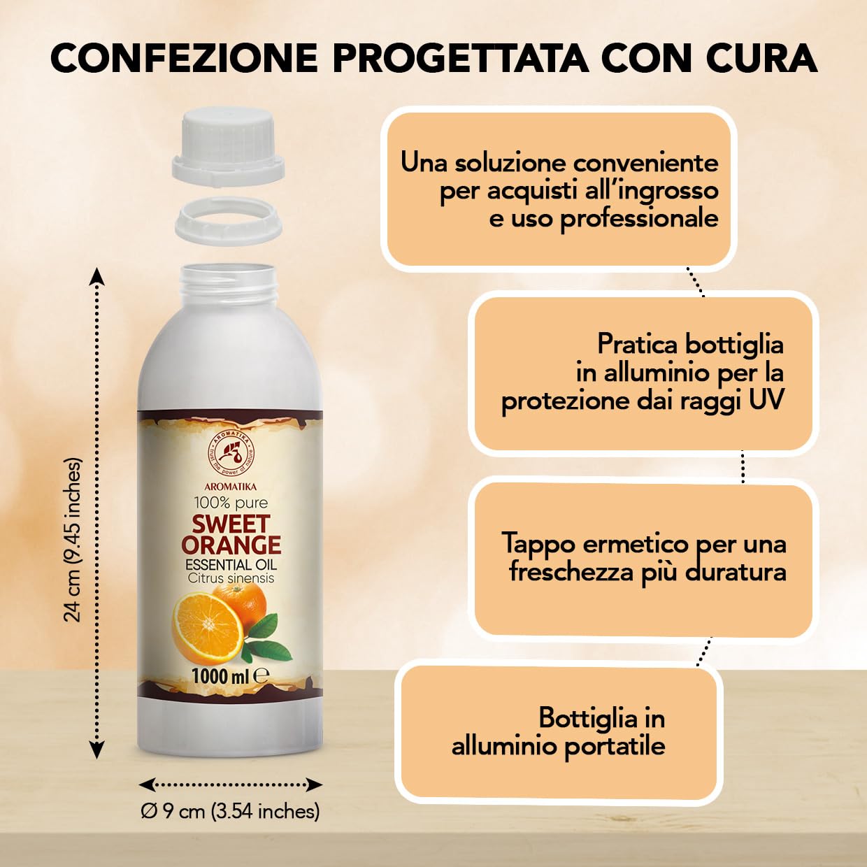 Olio Essenziale di Arancia Dolce 1000 ml - Citrus Sinensis - Naturale e Puro - Olio di Arancia per Diffusori - Profumi per la Casa - Saponi e Candele - Sauna - Aroma di Agrumi - Aromaterapia