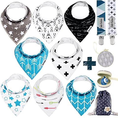 Dodo Babies Bandana Drool Bib Set – Eight 100% Cotton Bibs with Soft Polyester Lining, 2 Pacifier Clips, Binky Case, Blue Gift Bag for Baby Girl or Boy Shower – Adjustable Snap Fit for 3-24 Months Cover