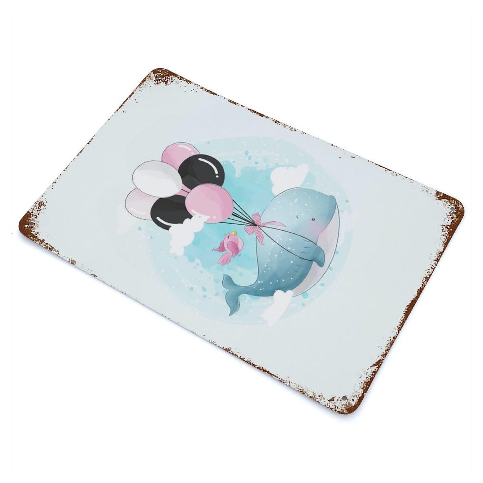Cute Whale Flying 11.8"x7.9" Rusty Metal Tin Sign, Shabby Chic Decor for Bistro, Counter And Cafe Decor