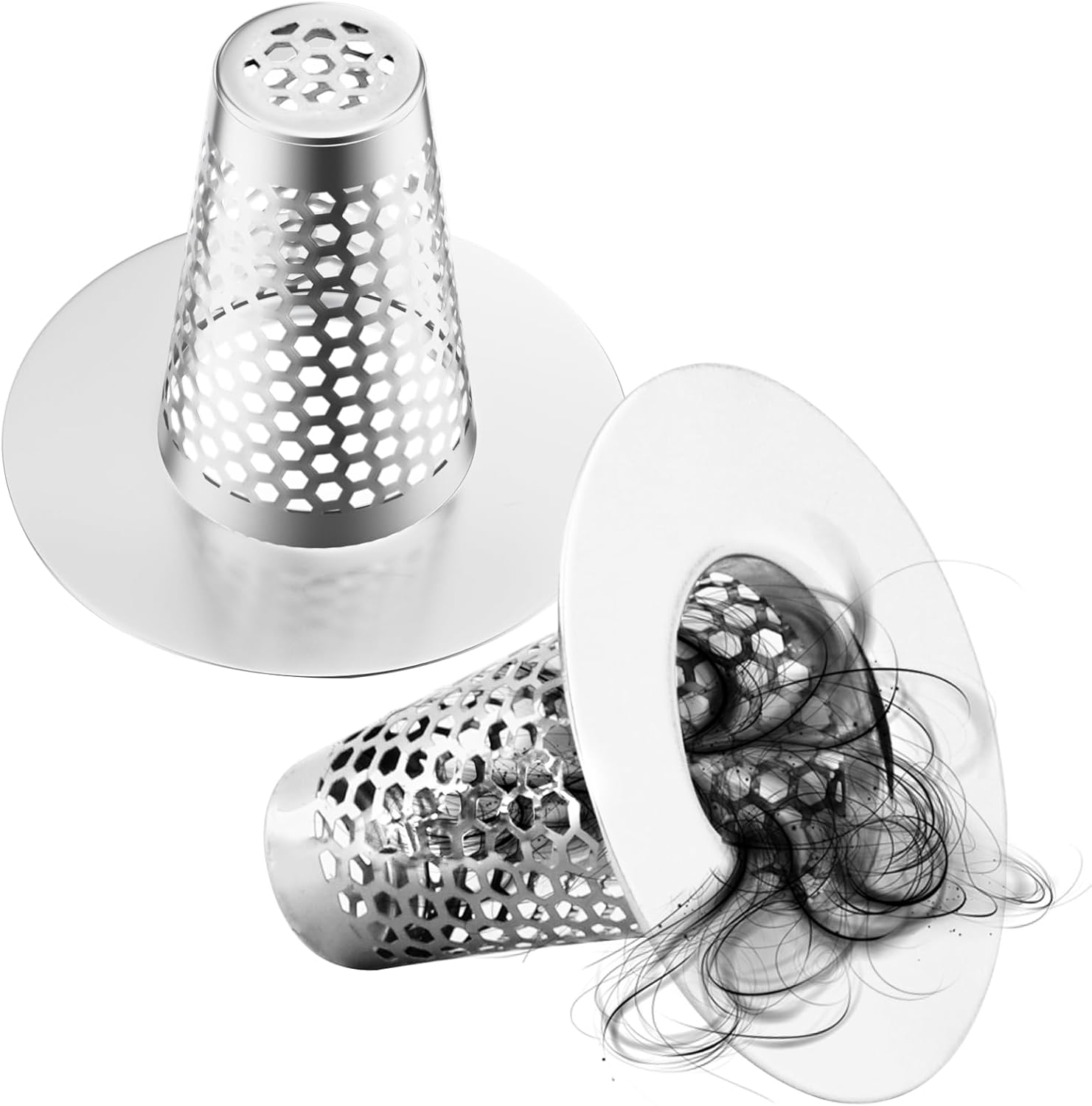 2Pack Bathroom Sink Drain Strainer, Reusable Sink Strainer Bath Tub Hair Catcher, Stainless Steel Cone Shaped Floor Drain Replacement Fit Hole Size 1.2"-1.6"