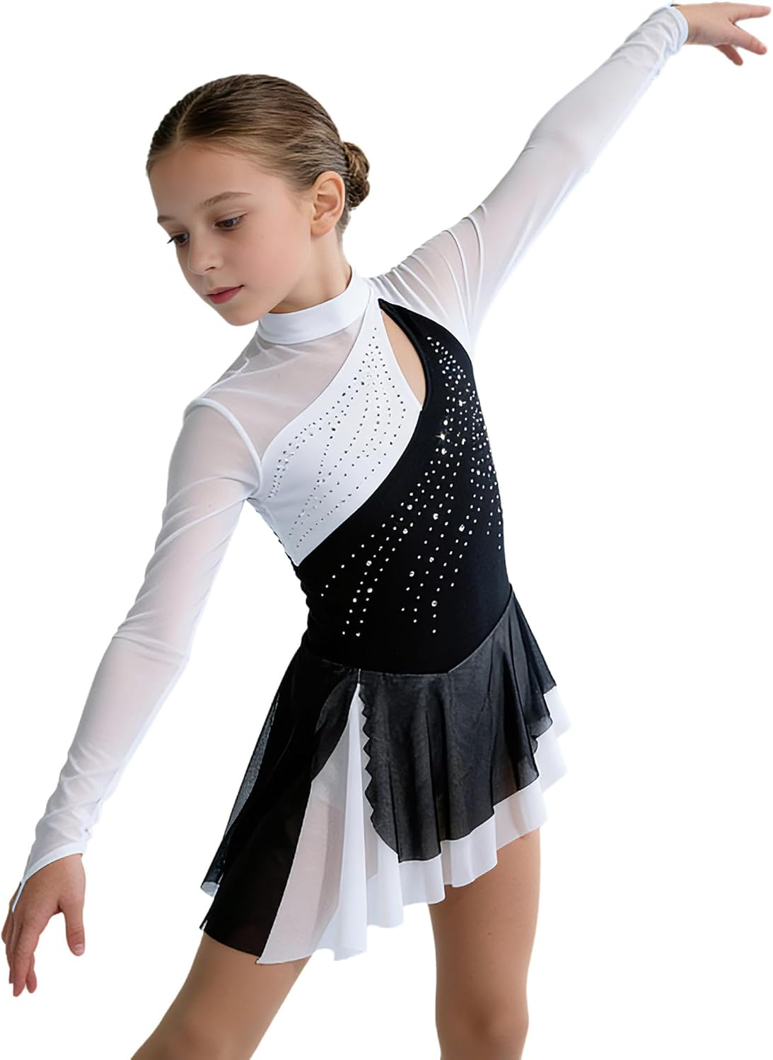 Alvivi Kids Girls Long Sleeve Ice Skating Dress Ballet Dance Sparkly Dress Gymnastics Performance Dancewear