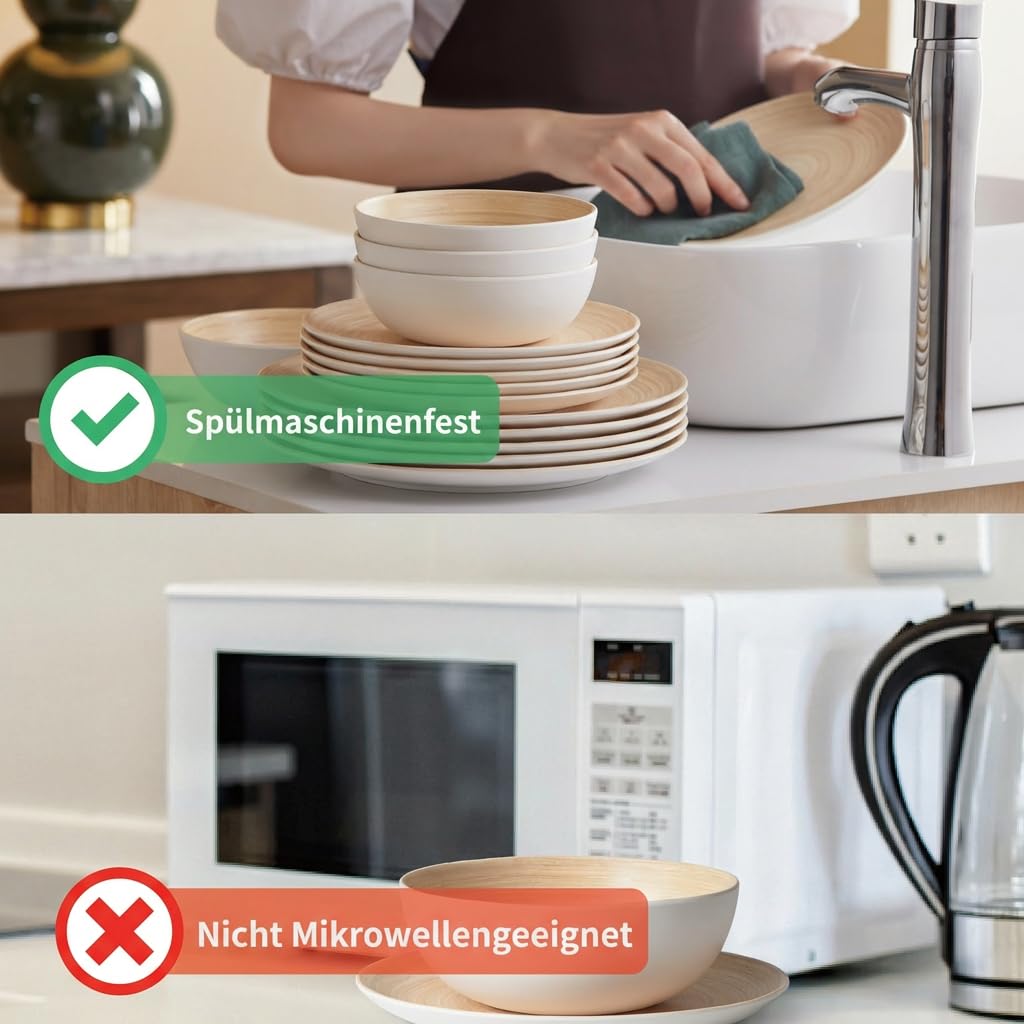 Joviton Home 18-teiliges Bambus-Wirbel-Melamin-Geschirr-Set fr 6, Teller  und Schssel-Sets (heller Bambus) : Amazon.de: Kche, Haushalt & Wohnen