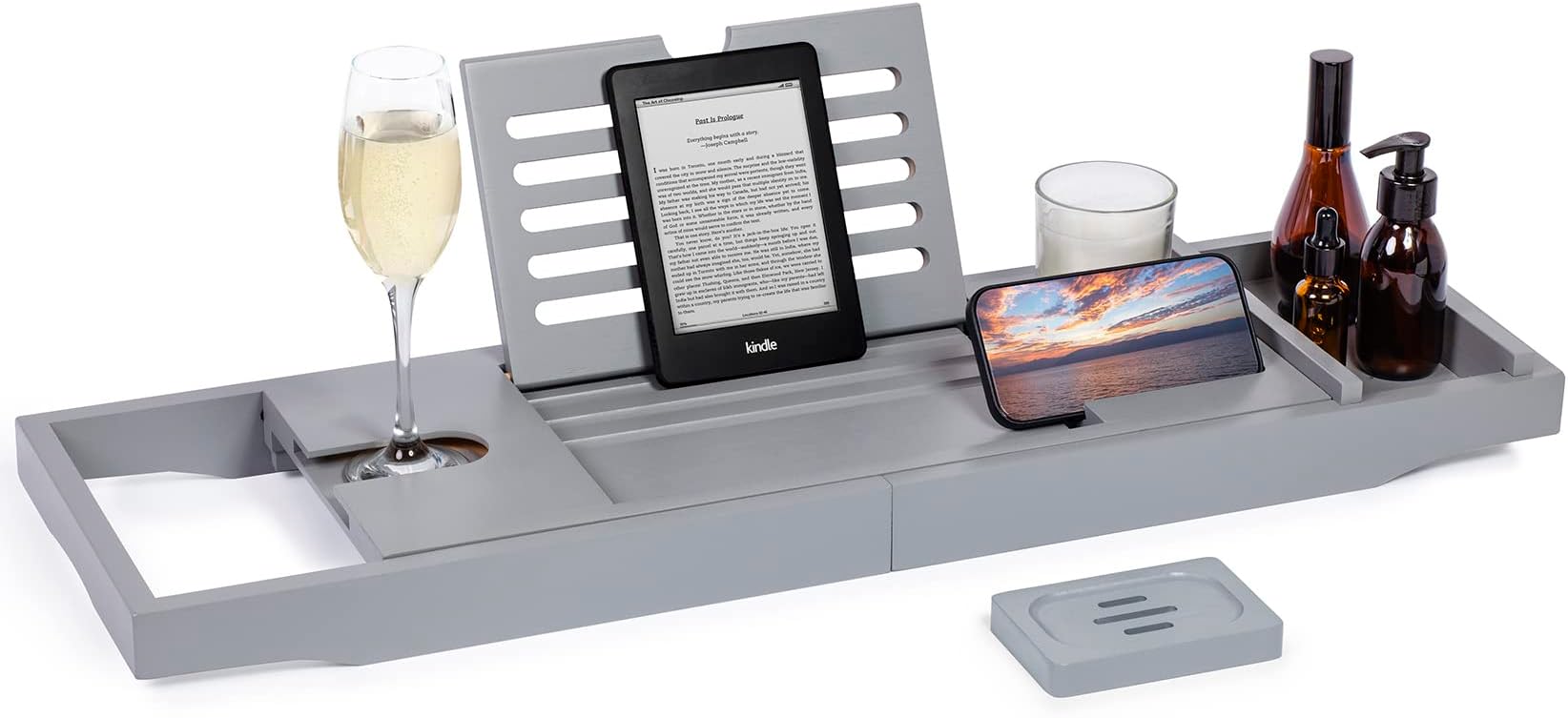 woodluv Bath Tray, Extendable Bath Caddy Trays for Bathtub Accessories with Tablet Phone Slots, Candle Mug/Cup Holder, Bathroom Organiser, Bath trays for across the bath with Soap Holder, Grey