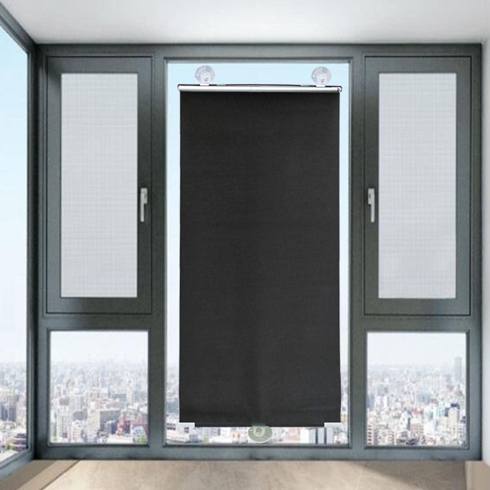 DECAKE Blackout Roll Up Blinds with Suction Cups Shade Thermal Window Curtain, Temporary Sunscreen Roller Lightweight Portable Shutter, Drape Without Drilling,Black-58x125cm/23x49in