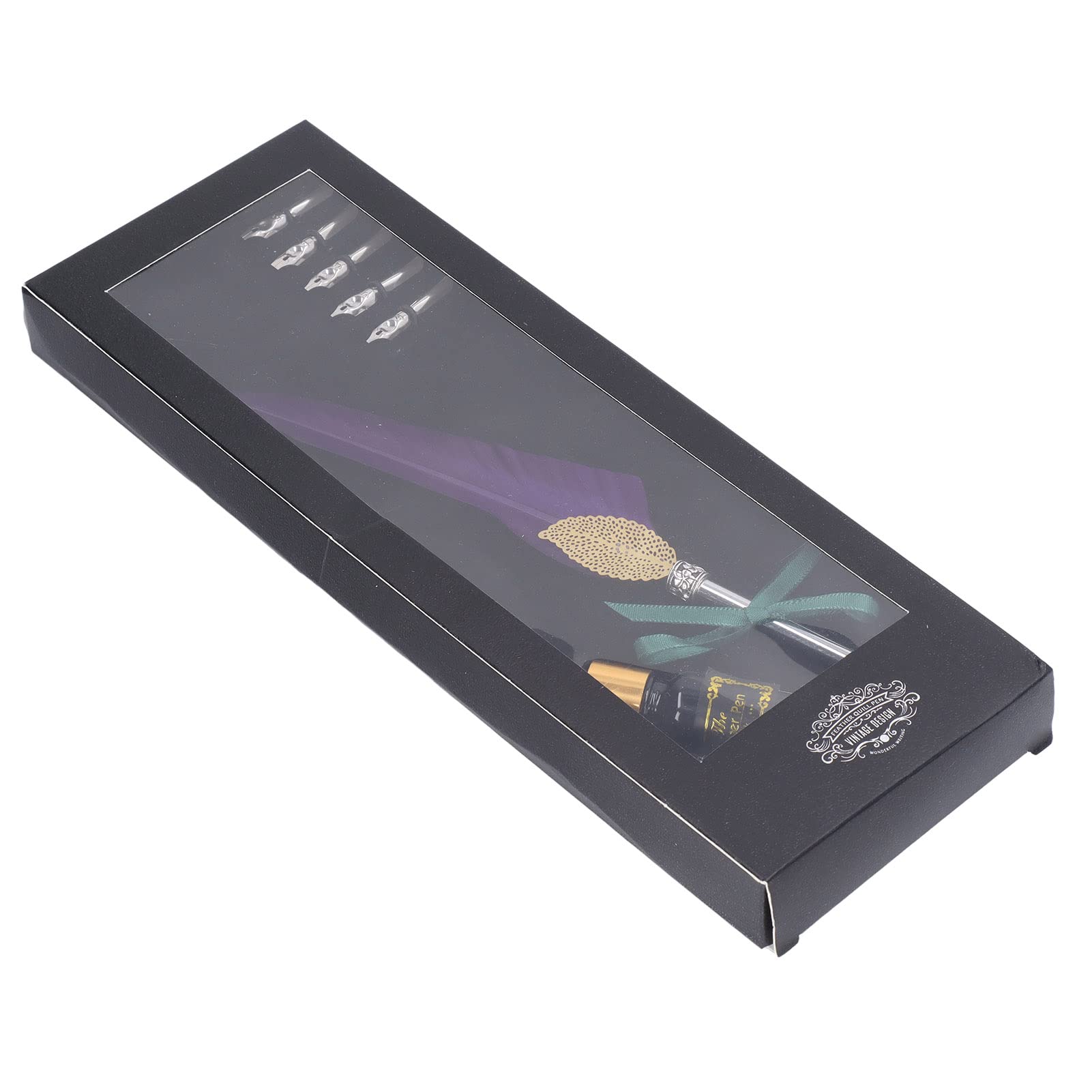 Exquisite Quill Pen Set with Feather & Hollow Design, Elegant Calligraphy Metal Nib with Ink Bottle for Writing & Gift (SP101014 Purple)