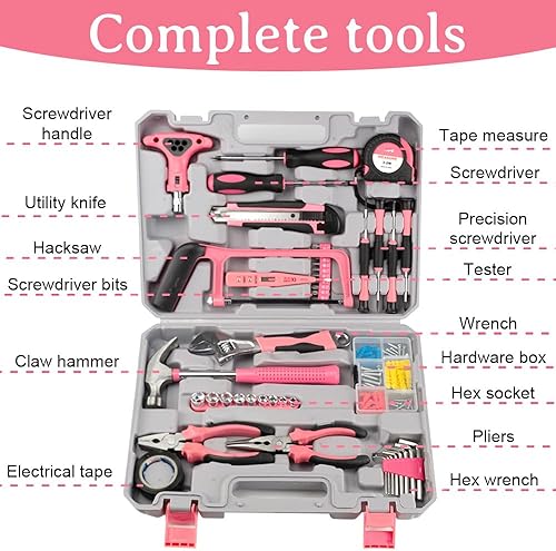 Miniatura 2 de Juego de herramientas rosas de 103 piezas, caja de herramientas para el hogar para mujeres con estuche de almacenamiento, kit de herramientas