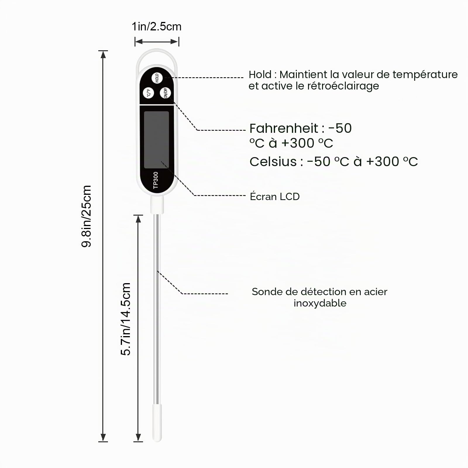 Termomètre Cuisine LCD Longue, Thermomètre Barbecue Digital Alimentaire pour Patisserie BBQ Viande