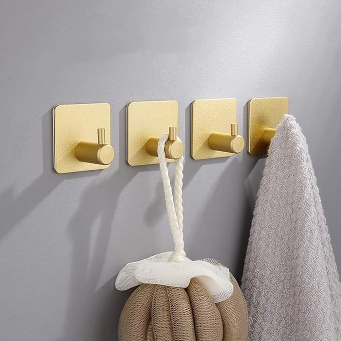 LACKINGONE 4 PCS Self Adhesive Hooks, Gold Stainless Steel Coat Hooks, PunchFree Antirust Hooks