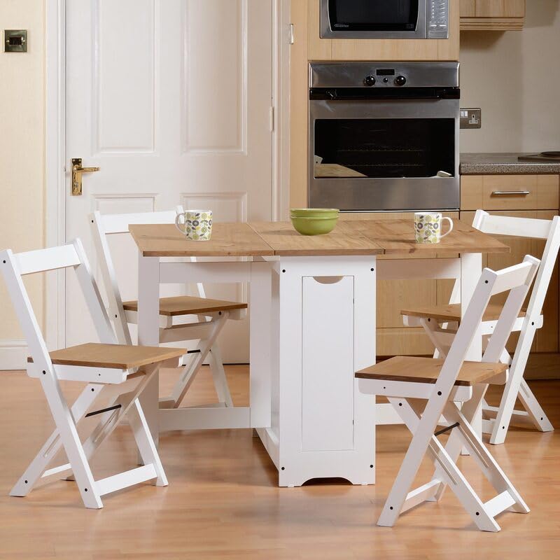 Buyqualia Set de Mesa Plegable con Tapa Color safir y Patas Blancas + 4 sillas Plegables – con alas abatibles y Espacio de almacenaje para Las sillas - 115x95x76 cm