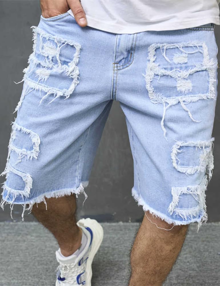 Kinghua Ripped Jean Shorts Men Summer Distressed Casual Raw Hem Jorts Stretchy Bermuda Denim Mid Rise Shorts with Pockets