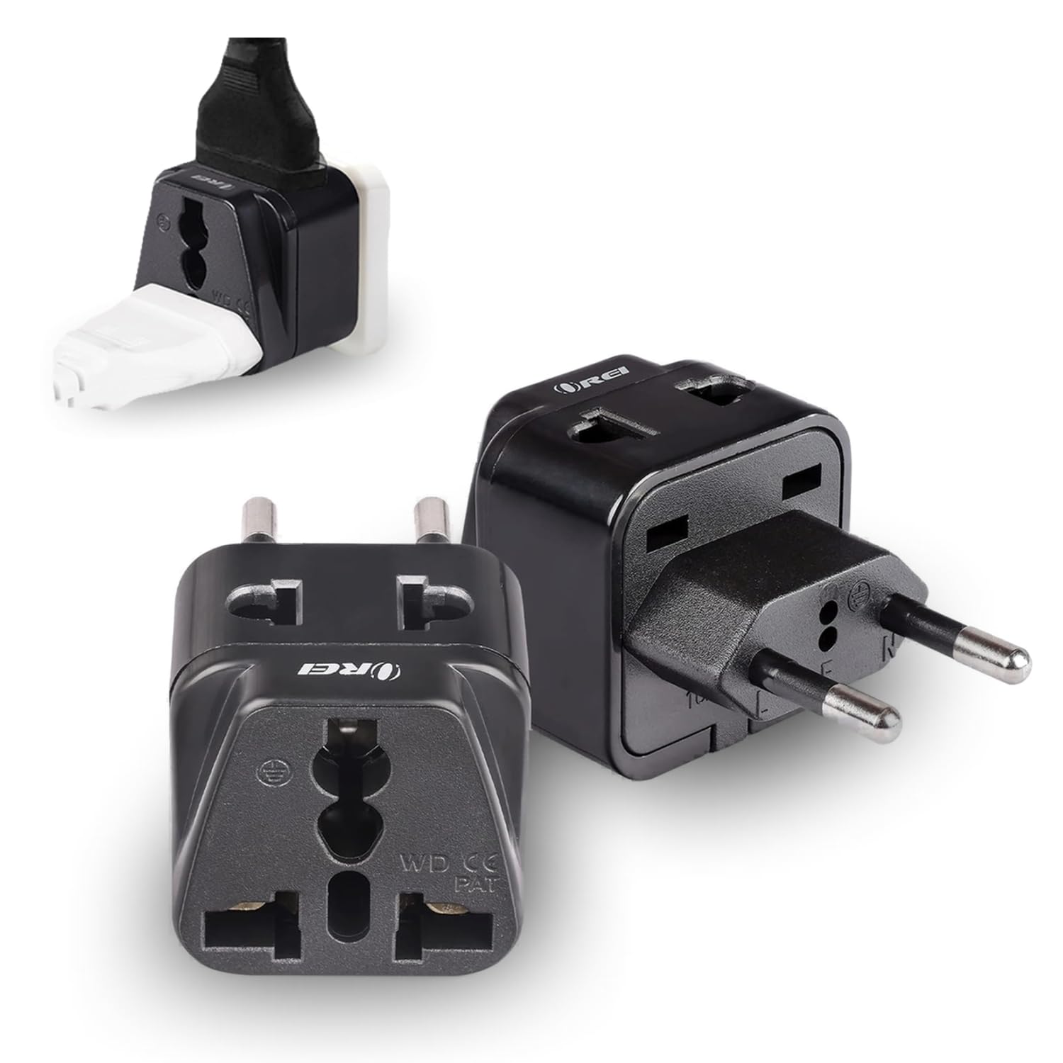 orei india to europe adapter, russia, turkey & more - type c - 2 in 1 - perfect for laptop, camera charger and more- ce, rohs - black.