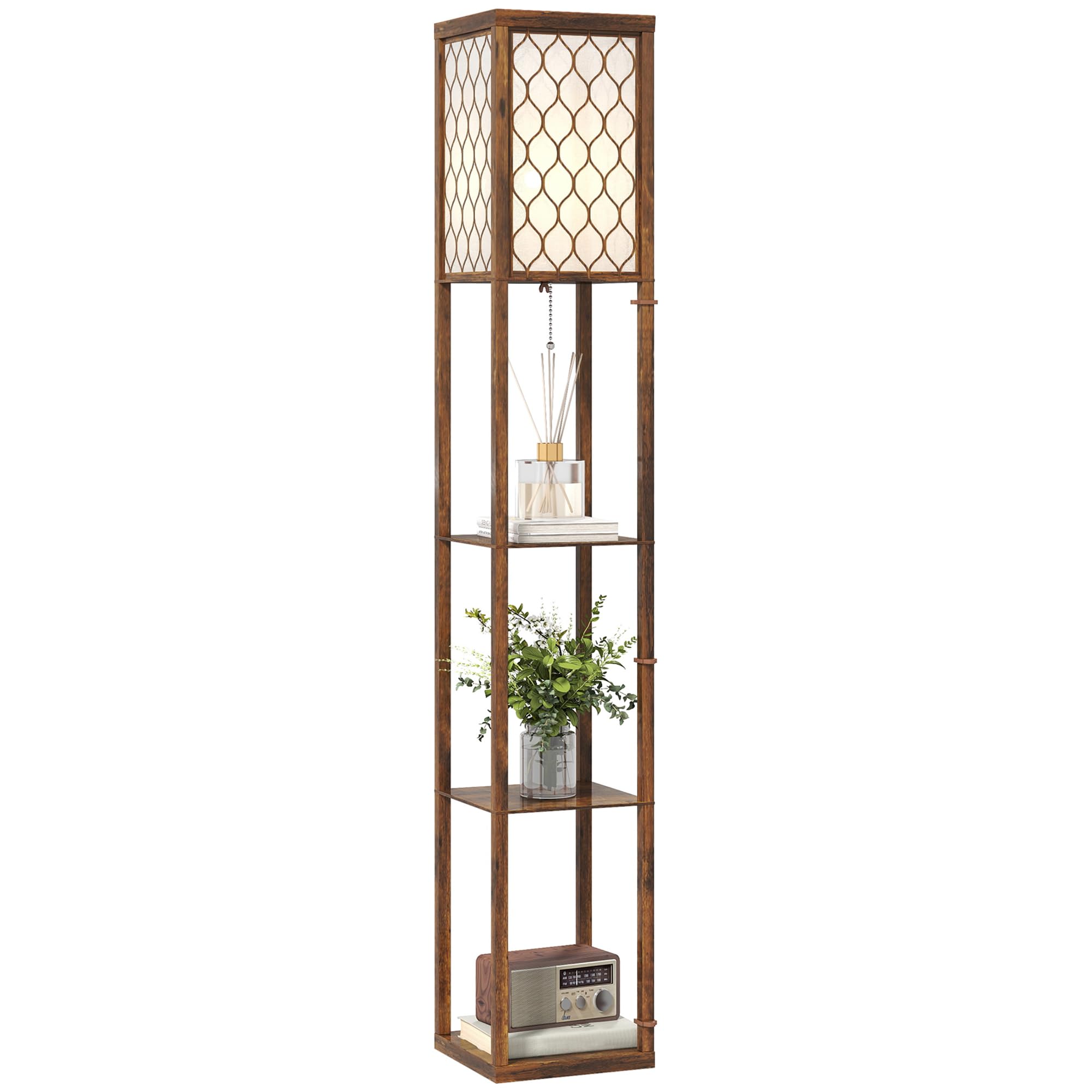 Homcom Modern Floor Lamp With 3 Shelves Fabric Lampshade, Rustic Light/Brown
