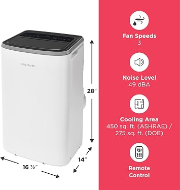 Frigidaire 3-in-1 Portable Room Air Conditioner 10,000 BTU (ASHRAE) / 6,500 BTU (DOE), Cools Up to 450 Sq. Ft., Quiet Operation, Dehumidifying Dry Mode, White