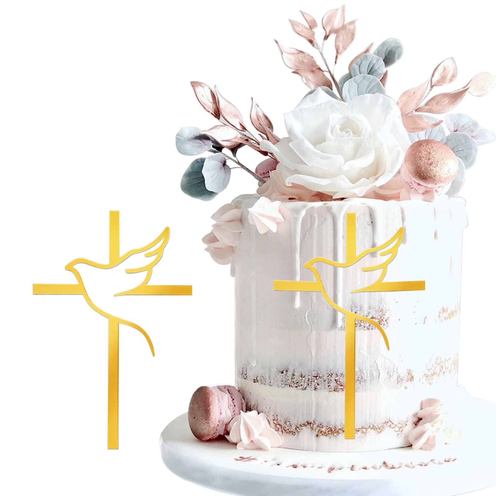 WOOXDYUK 2 Stück Kuchendeko Kreuz Cake Topper Taube Gold Acryl Torte Deko, Schillernder Spiegeleffekt für Hochzeit, Geburtstag, Weihnachten, Party & mehr, 15x10cm