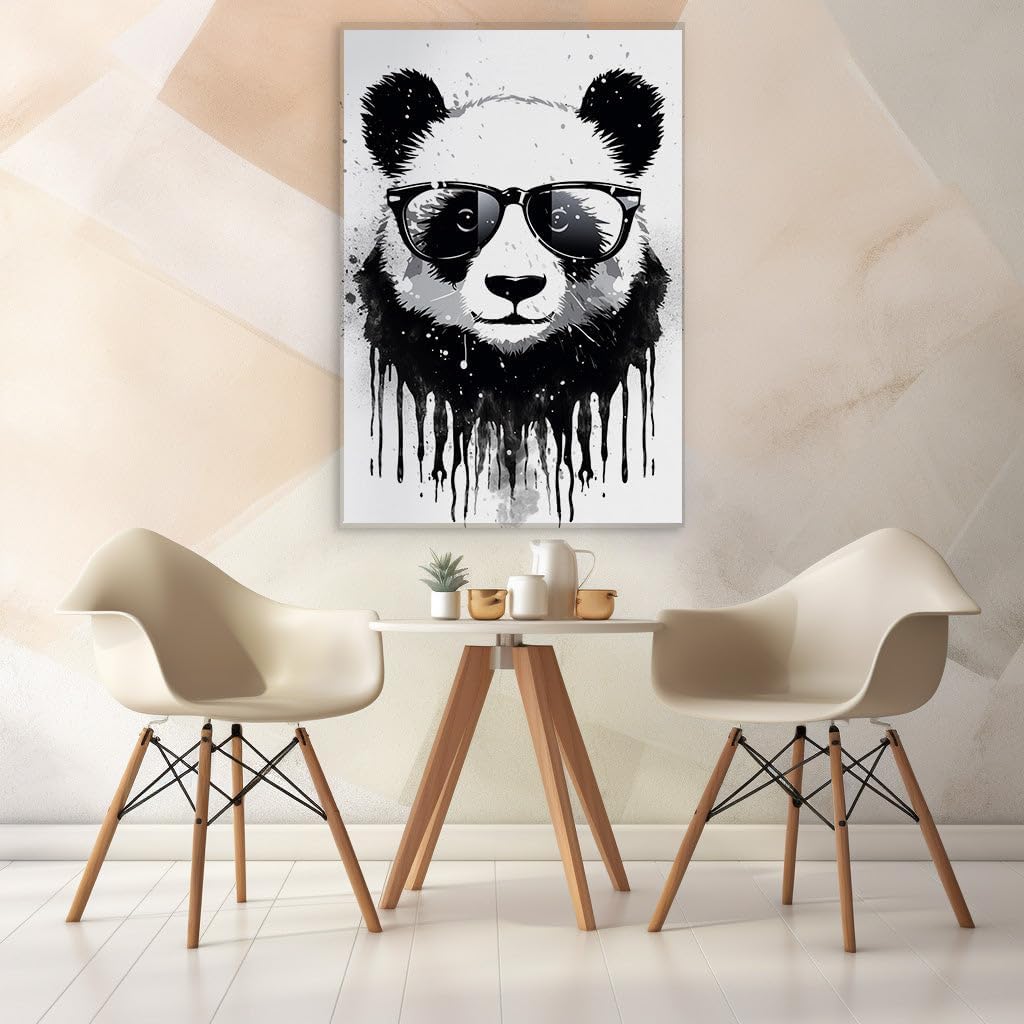 Canvas for Living Room. Stylish Panda in Shades: Monochrome Art with a Splash of Avant-Garde Elegance, 27 x 18 inch Canvas Wall Art - Modern Home Decor