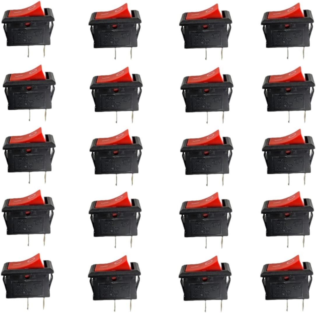 20 PCS Red Snap-in 2-Pin Plastic Button Rocker Switch with Mini Boat Design for On/Off Function.