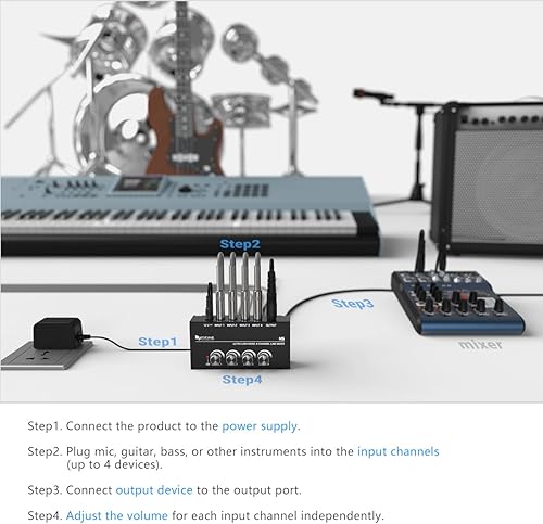 Vista 7 de FIFINE - Mezclador de línea de 4 canales de ultra bajo ruido para submezcla, mini mezclador de audio de 4 canales estéreo con adaptador de CA. Ideal