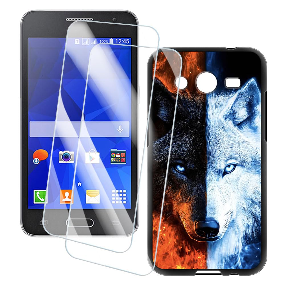 2 Pack Screen Protector + Case Compatible with Samsung Galaxy Core 2 G355H (4.5 inch) Case Artistic Custom Printed Cover and Tempered Glass Film Anti-Scratch (Wolf)