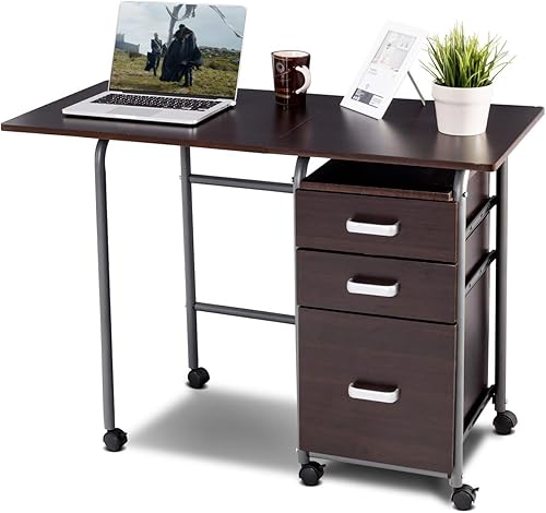 Miniatura 10 de Tangkula Escritorio plegable para computadora con ruedas, muebles de oficina en casa con 3 cajones, escritorio para laptop, mesa de escritura,