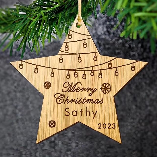 Christmas Bauble Personalised Xmas Tree Decorations Customised Bamboo Christmas Tree Decoration Santa Gift for Family Xmas Ornament (Star)