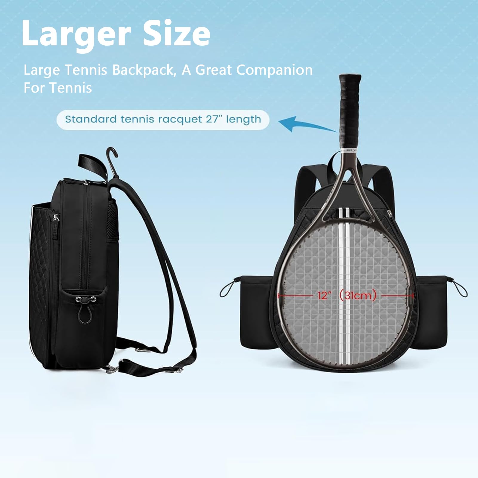 Borsa da Tennis con Scomparto Separato per la Racchetta Portabicchieri Grande Scomparto per Scarpe con Gancio Staccabile Zaino Multisport Donna Palestra da Viaggio (Nero)
