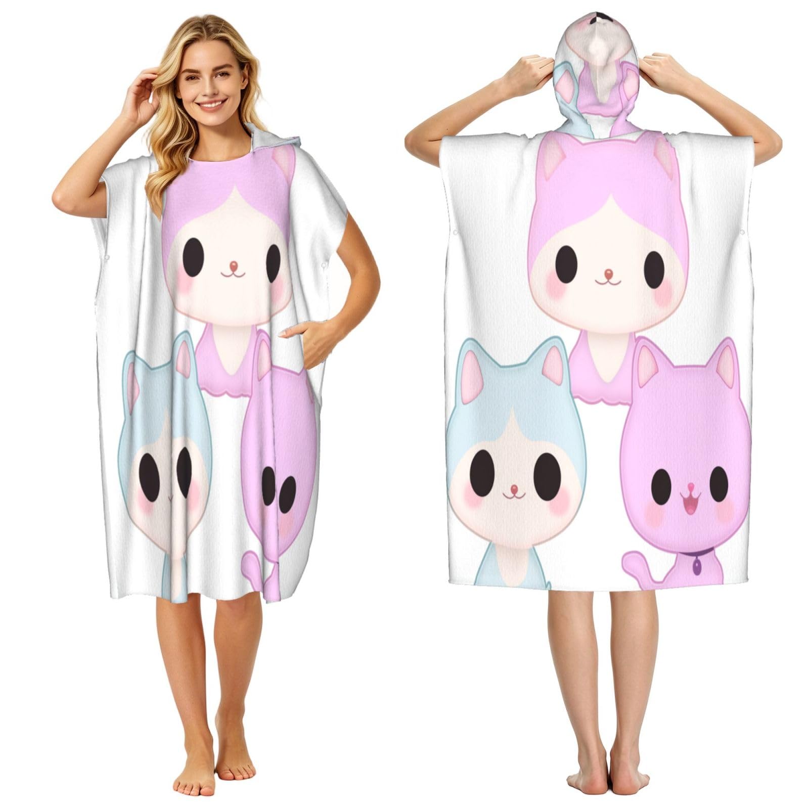 DTHKJNLSF Anime Cats Adult Hooded Beach Poncho Towel