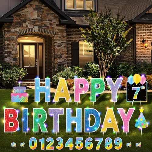 Yerliker 16 Pcs Happy Birthday Yard Signs with Stakes, 32.8 ft LED Lights, 42 Pcs Number Stickers, 13.4 Inch Letters Signs for Birthday Party Supplies Yard Lawn Outdoor Decoration(Colorful)