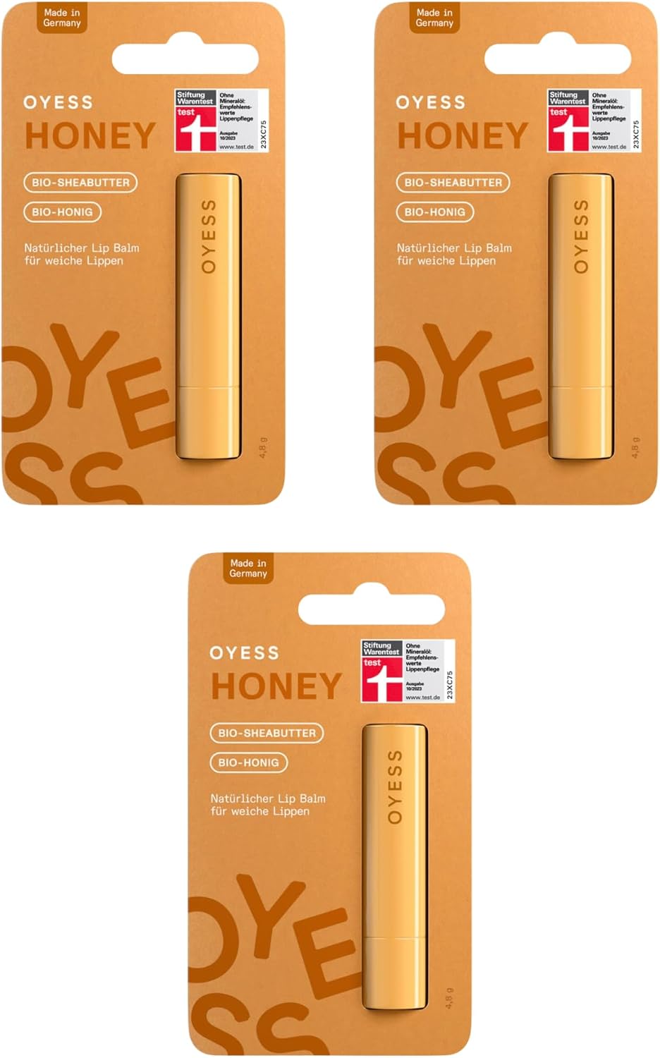 OYESS Balsam do ust Honey zestaw 3 szt. – (3 × 4,8 g) Bio pielęgnacja ust z miodem, jojoba i shea, naturalne nawilżenie dla suchych i łamliwych ust