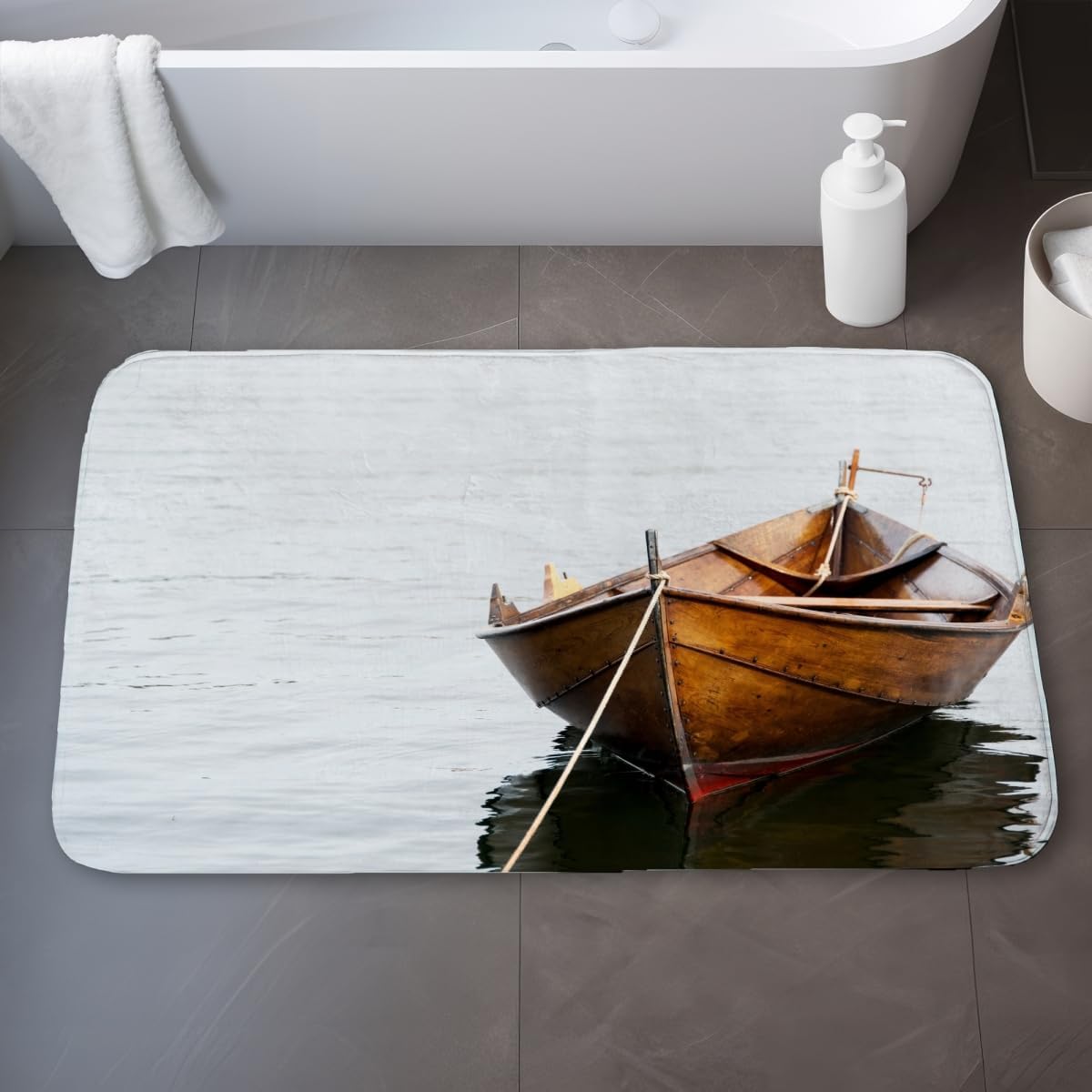Begin Home Decor C1BM2134IYQ0UF 21 x 34 in. Rowboat on Calm Water - Coastal Brown Bath Mat for Home Decor