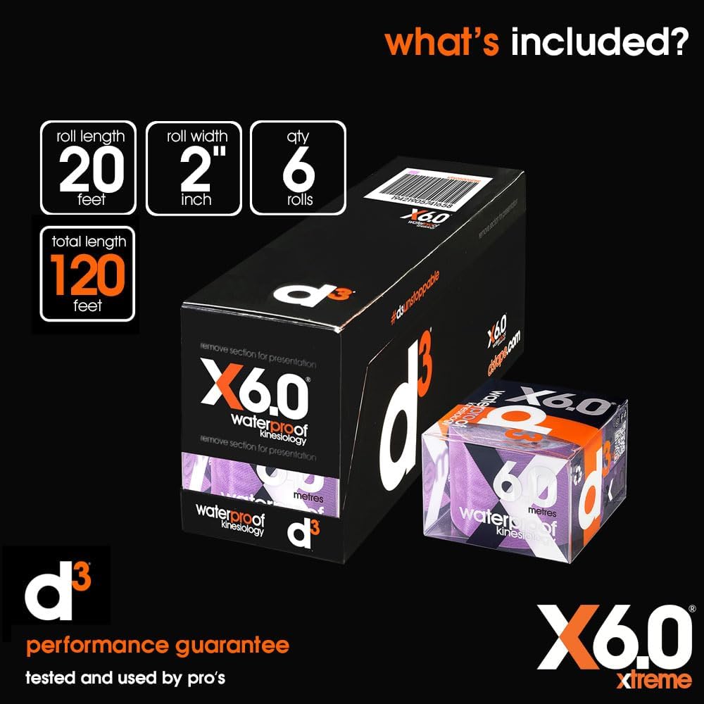 d3 X6.0 Xtreme Waterproof Kinesiology Tape - 2in x 20ft Purple (6 Rolls) Swimming Watersports Athletic Joint & Muscle Pain Relief Sports Medical Injury Support