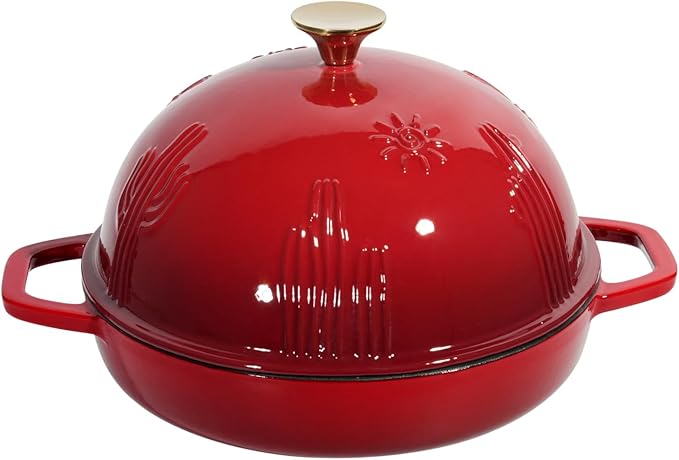 Flavehc Cast Iron Bread Oven With Cloche Lid for Baking - Red Enameled Dutch Oven With Dome Lid for Sourdough - 5 qt