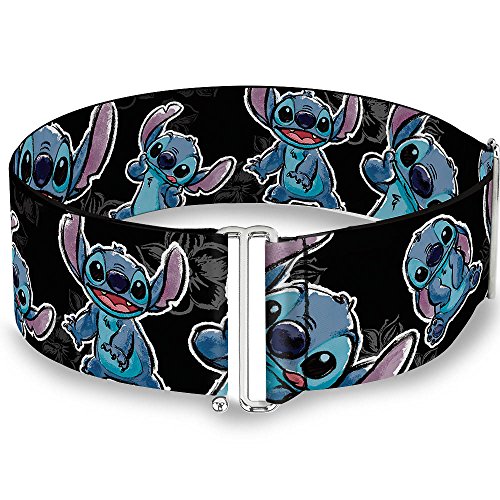 Buckle-Down Disney Belt, Cinch Belt Stitch Poses Hibiscus Sketch Black Gray Blue, 3.0 Inch Wide, Adjustable