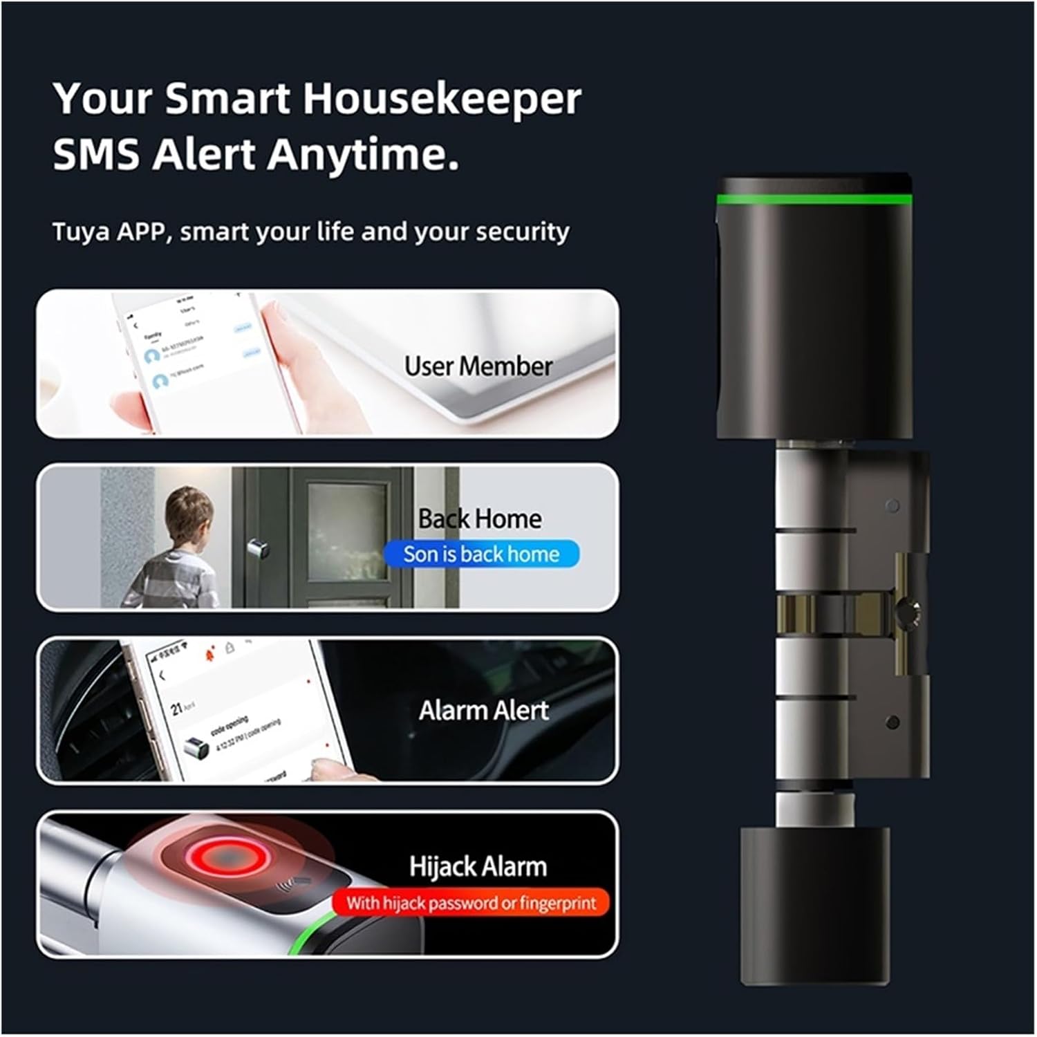 Tuya Intelligent Electronic Door Lock DIY Movement Fingerprint/Smart Card/Password/Key Unlock/USB Emergency Charging (Color : Black-70mm)