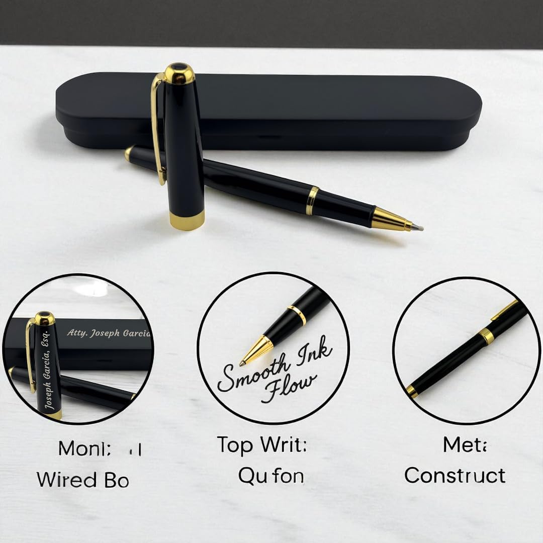 Engraved Pen – Personalized Durable Rollerball Pen – Custom Stainless Steel Desk Essentials in Tin Case – Gift for Promotion, Graduation, Office (Black Rollerball Pen)