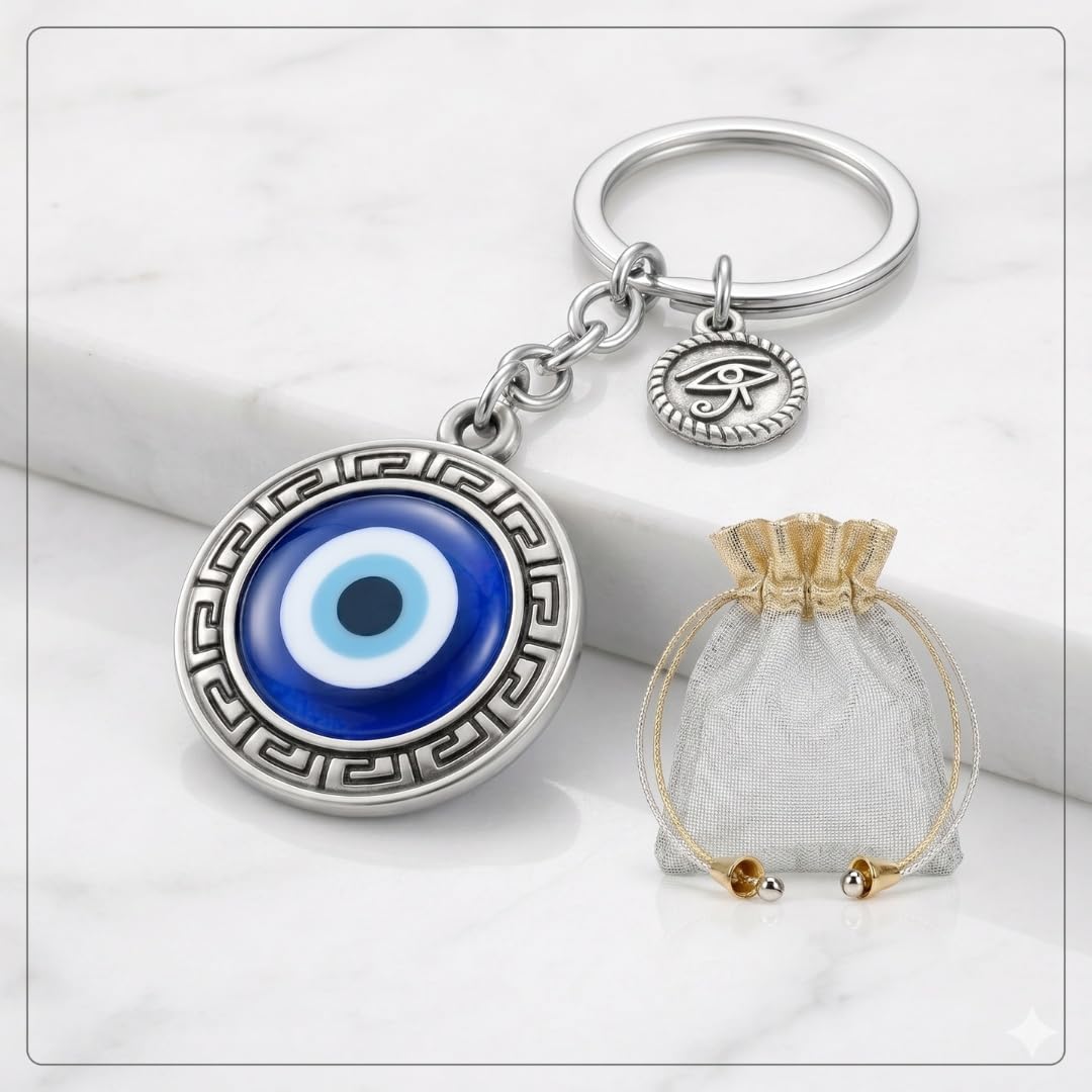 Evil Eye Keychain, Blue Nazar Talisman with Eye of Horus Charm, Greek Key Border, Antique Finish, Metal Key Ring with Premium Mesh Gift Pouch and corrugated box-image-13