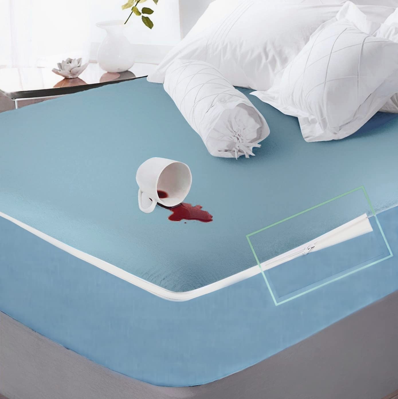 Trance Home Linen Zippered Chain Cotton Waterproof Mattress Protector|Dust Mite Proof, Bed Bug Protection Mattress Cover for King Bed Size with 8 inch Thick (78 x 72 x 8 inches, Sky Blue)-image-39