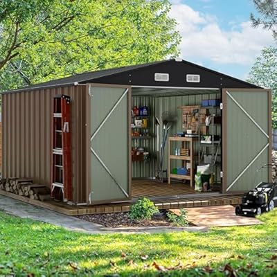 Devoko 10 x 10 FT Outdoor Storage Shed, Metal Garden Sheds & Outdoor Storage Clearance, Large Tool Shed Outdoor with Single Lockable Door for Patio Lawn Backyard (Brown)