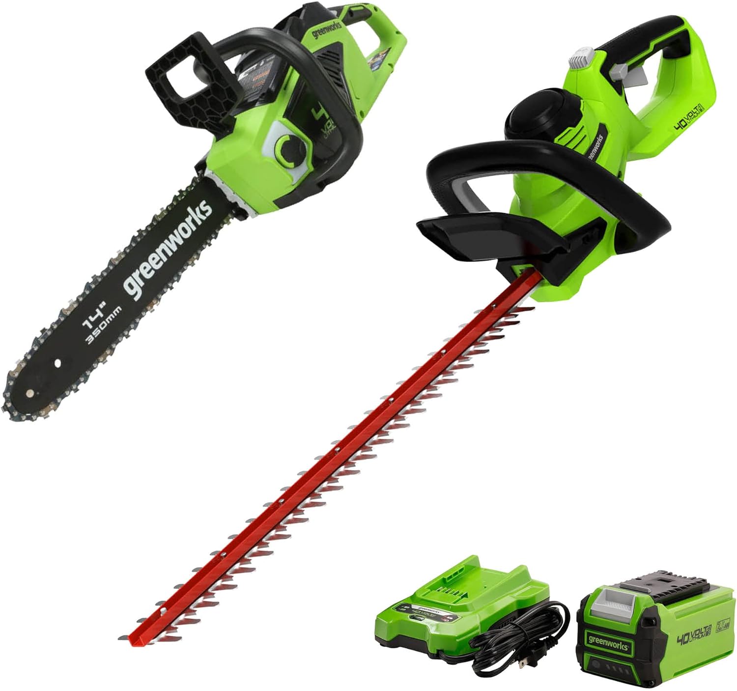 Greenworks 40V 14-Inch Cordless Chainsaw, 2.5Ah USB (Power Bank) Battery Included, CS40L2511 with 40V Hedge Trimmer