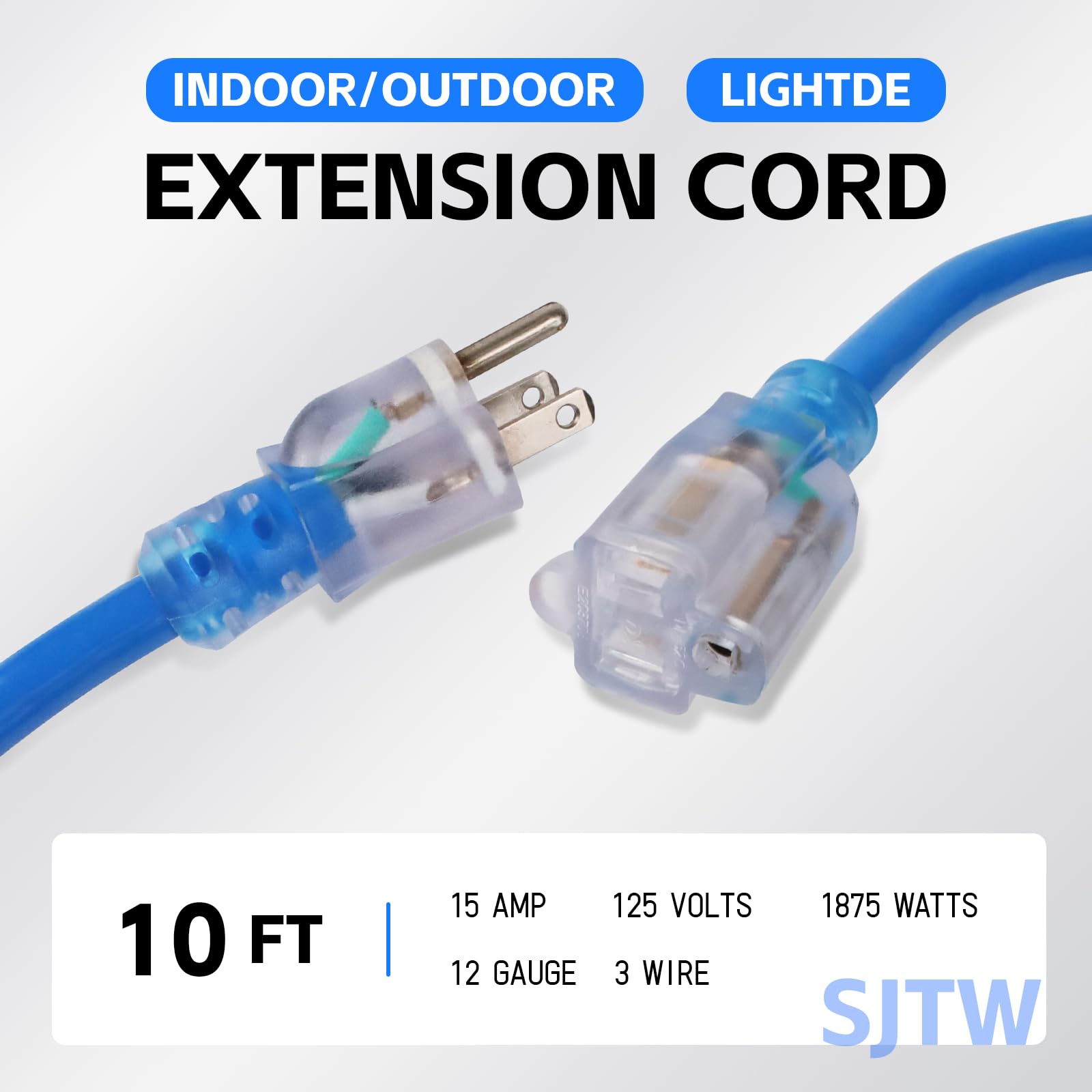 EP - Cable de extensión para exteriores de 10 pies con extremo iluminado, calibre 12/3 SJTW Cable de extensión resistente con enchufe de 3 clavijas, 15AMP 1875W 12AWG, azul, listado UL