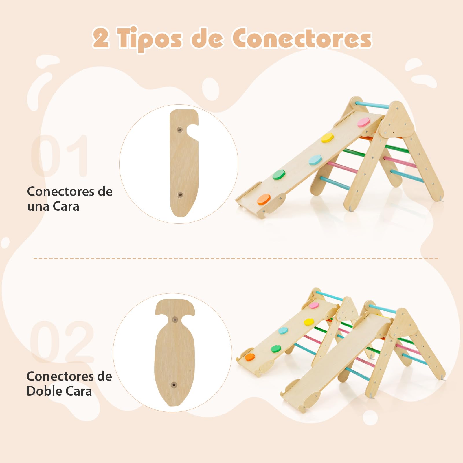 COSTWAY 7 en 1 Triángulo de Escalada de Madera para Niños, Juego de Escalada con Triángulo, Arco, Rampa para Deslizarse o Escalar, Set de Escalada Montessori para Niños 1+ Año (Multicolor)